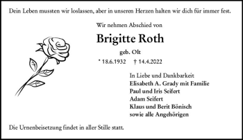 Traueranzeige von Brigitte Roth von vrm-trauer Rüsselsheimer Echo / MainSpitze