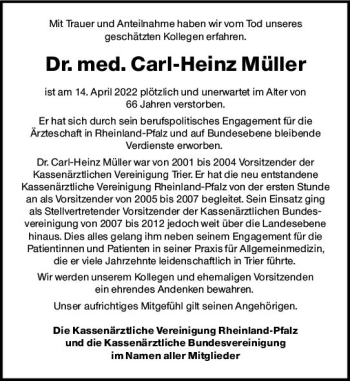 Traueranzeige von Carl-Heinz Müller von vrm-trauer AZ Mainz