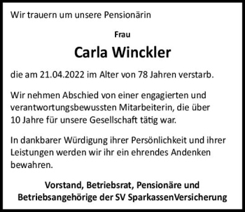 Traueranzeige von Carla Winckler von vrm-trauer Wiesbadener Kurier