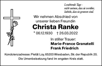 Traueranzeige von Christa Ranke von vrm-trauer Wiesbadener Kurier
