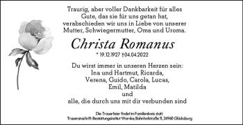 Traueranzeige von Christa Romanus von vrm-trauer Darmstädter Echo