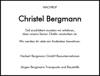 Traueranzeige von Christel Bergmann von vrm-trauer Wiesbadener Kurier