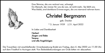 Traueranzeige von Christel Bergmann von vrm-trauer Wiesbadener Kurier