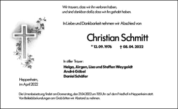 Traueranzeige von Christian Schmitt von vrm-trauer Bürstädter/Lamperth. Ztg/Starkenburger