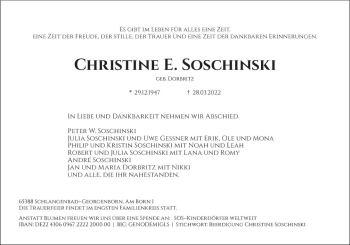 Traueranzeige von Christine E. Soschinski von vrm-trauer Wiesbadener Kurier