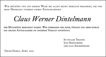 Traueranzeige von Claus Werner Dintelmann von vrm-trauer Groß-Gerauer Echo
