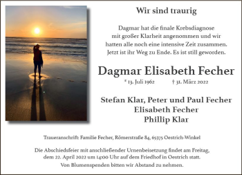 Traueranzeige von Dagmar Elisabeth Fecher von vrm-trauer Wiesbadener Kurier