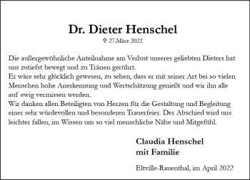 Traueranzeige von Dieter Henschel von vrm-trauer Wiesbadener Kurier