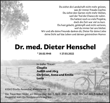 Traueranzeige von Dieter Henschel von vrm-trauer Wiesbadener Kurier