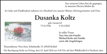 Traueranzeige von Dusanka Koltz von vrm-trauer Rüsselsheimer Echo / MainSpitze