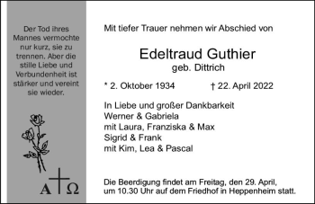 Traueranzeige von Edeltraud Guthier von vrm-trauer Bürstädter/Lamperth. Ztg/Starkenburger