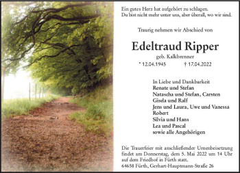 Traueranzeige von Edeltraud Ripper von vrm-trauer Bürstädter/Lamperth. Ztg/Starkenburger