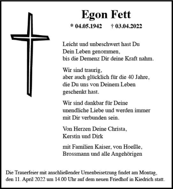 Traueranzeige von Egon Fett von vrm-trauer Rheingau