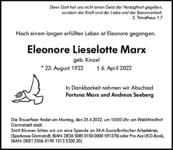 Traueranzeige von Eleonore Lieselotte Marx von vrm-trauer Darmstädter Echo