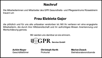 Traueranzeige von Elzbieta Gajor von vrm-trauer Rüsselsheimer Echo / MainSpitze