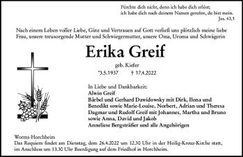 Traueranzeige von Erika Greif von vrm-trauer Wormser Zeitung
