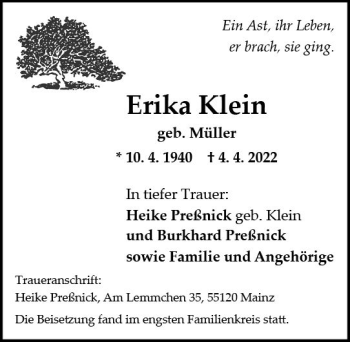 Traueranzeige von Erika Klein von vrm-trauer AZ Mainz