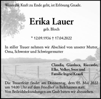 Traueranzeige von Erika Lauer von vrm-trauer Darmstädter Echo