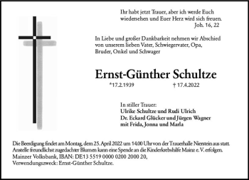 Traueranzeige von Ernst-Günther Schultze von vrm-trauer AZ Mainz