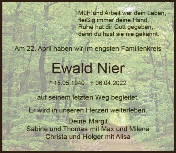 Traueranzeige von Ewald Nier von vrm-trauer DieburgerAnzeiger/Groß-Zimmerner Lokala