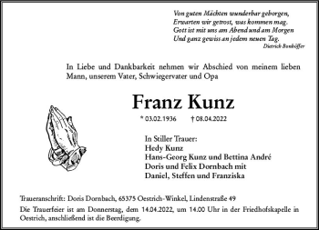Traueranzeige von Franz Kunz von vrm-trauer Rheingau