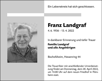 Traueranzeige von Franz Landgraf von vrm-trauer Rüsselsheimer Echo / MainSpitze