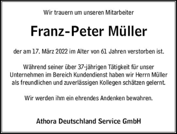 Traueranzeige von Franz-Peter Müller von vrm-trauer Wiesbadener Kurier