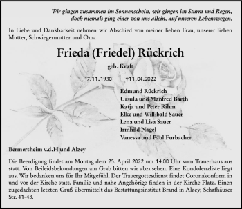 Traueranzeige von Frieda Rückrich von vrm-trauer Allgemeine Zeitung Alzey