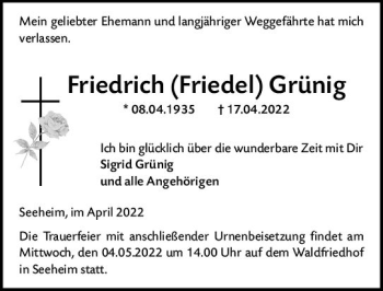 Traueranzeige von Friedrich Grünig von vrm-trauer Darmstädter Echo