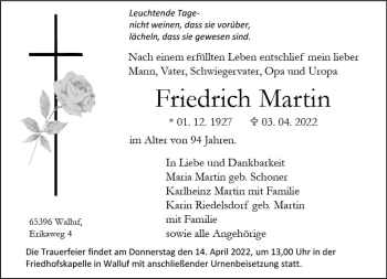 Traueranzeige von Friedrich Martin von vrm-trauer Rheingau