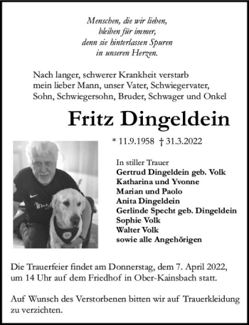 Traueranzeige von Fritz Dingeldein von vrm-trauer Odenwälder Echo