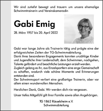 Traueranzeige von Gabi Emig von vrm-trauer Rüsselsheimer Echo / MainSpitze