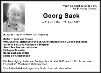 Traueranzeige von Georg Sack von vrm-trauer Wiesbadener Kurier