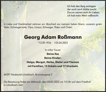 Traueranzeige von Georg Adam Roßmann von vrm-trauer Bergsträßer Anzeiger