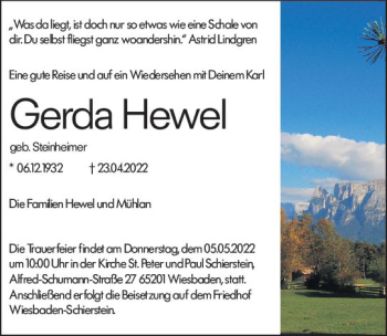 Traueranzeige von Gerda Hewel von vrm-trauer Wiesbadener Kurier