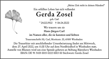 Traueranzeige von Gerda Zosel von vrm-trauer Wiesbadener Kurier