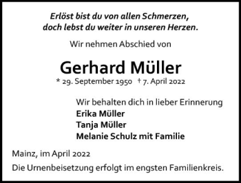Traueranzeige von Gerhard Müller von vrm-trauer AZ Mainz