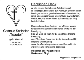 Traueranzeige von Gertraud Schindler von vrm-trauer Bürstädter/Lamperth. Ztg/Starkenburger