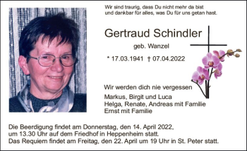 Traueranzeige von Gertraud Schindler von vrm-trauer Bürstädter/Lamperth. Ztg/Starkenburger