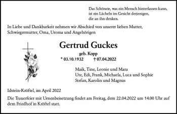 Traueranzeige von Gertrud Guckes von vrm-trauer Idsteiner Zeitung