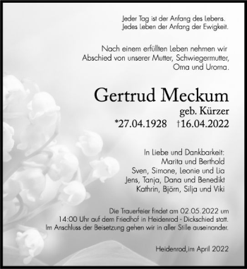Traueranzeige von Gertrud Meck von vrm-trauer WK-UTA