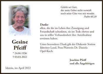 Traueranzeige von Gesine Pfeiff von vrm-trauer Idsteiner Zeitung