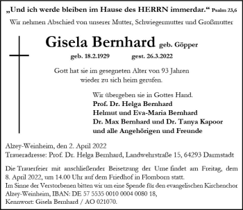 Traueranzeige von Gisela Bernhard von vrm-trauer Allgemeine Zeitung Alzey