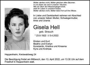 Traueranzeige von Gisela Hell von vrm-trauer Bürstädter/Lamperth. Ztg/Starkenburger