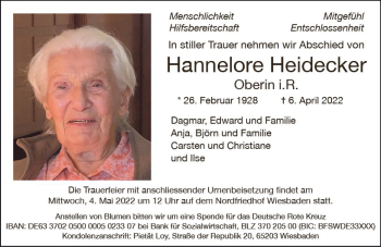Traueranzeige von Hannelore Heidecker von vrm-trauer Wiesbadener Kurier