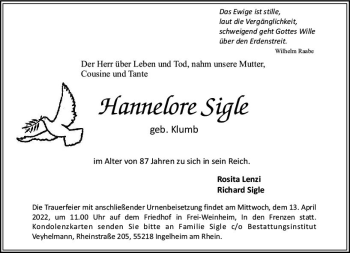 Traueranzeige von Hannelore Sigle von vrm-trauer Allgemeine  Zeitung Ingelheim-Bingen