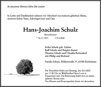 Traueranzeige von Hans-Joachim Schulz von vrm-trauer Wiesbadener Kurier