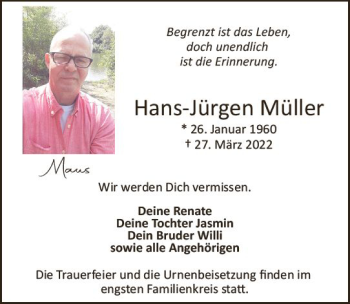 Traueranzeige von Hans-Jürgen Müller von vrm-trauer Wiesbadener Kurier