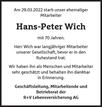 Traueranzeige von Hans-Peter Wich von vrm-trauer Wiesbadener Kurier
