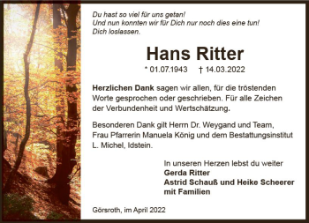 Traueranzeige von Hans Ritter von vrm-trauer Wiesbadener Kurier